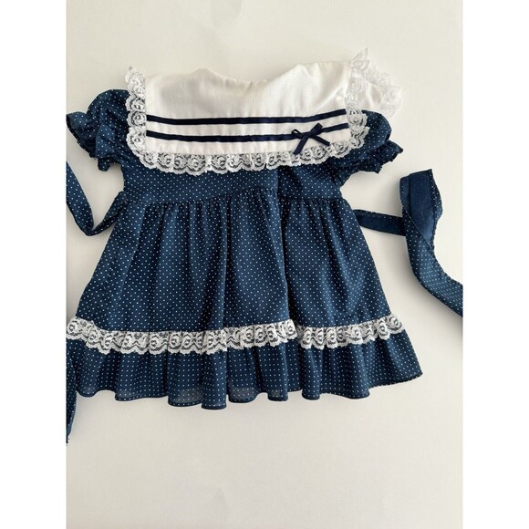 Vintage Kandy Ann Little Girl’s Navy White Polka Dot Collar Dress Size 9 Mos - Picture 1 of 5